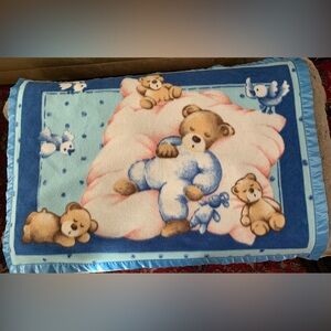 Vtg Baby Blanket Sleeping Bears Blue Satin Trim 48x35” Soft Comfy Soothing